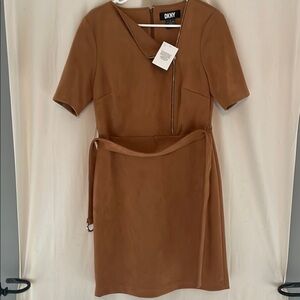 DKNY Brown V-Neck Short Sleeve Sheath Dress